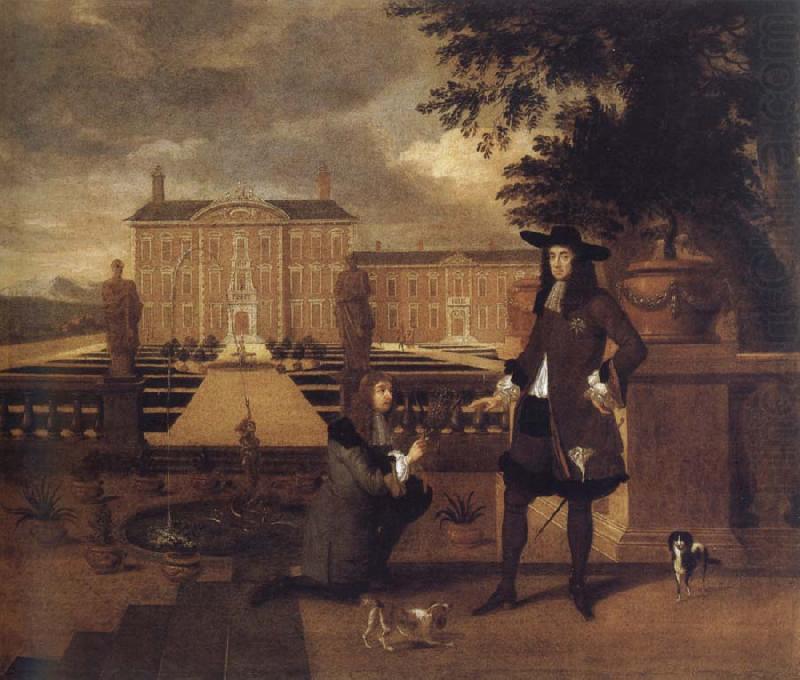 John Rose,the royal gardener,presenting a pineapple to Charles ii before a fictitious garden, unknow artist